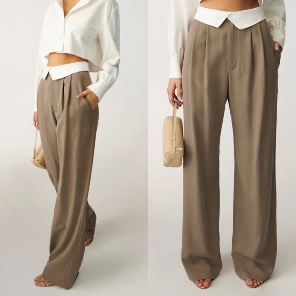 Reformation Taupe Wide-Leg High-Rise Trousers